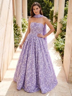 Jacquard A Line Strapless Pleats Corset Formal Dresses with Scarf