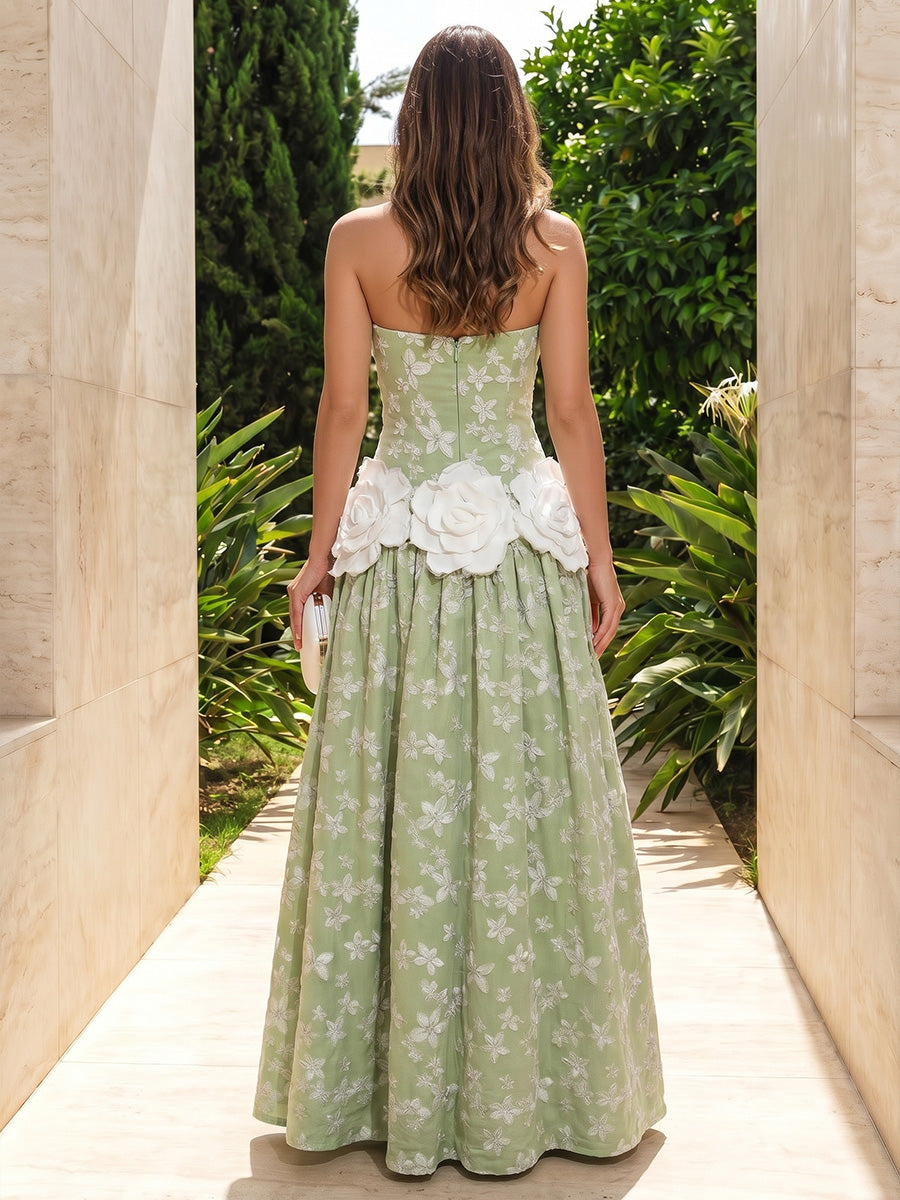 Jacquard A Line Strapless Ruched Corset Evening Dresses with 3D Flowers