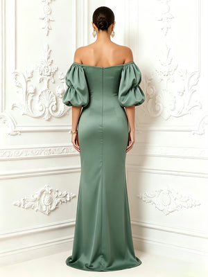 Satin Mermaid Off the Shoulder Floral Embroidery Ruched Formal Dresses