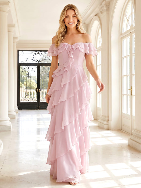 Chiffon Mermaid Off the Shoulder Ruffles Layered Formal Dresses
