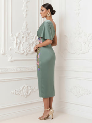 Satin Mermaid One Shoulder Floral Embroidery Ruffles Formal Dresses