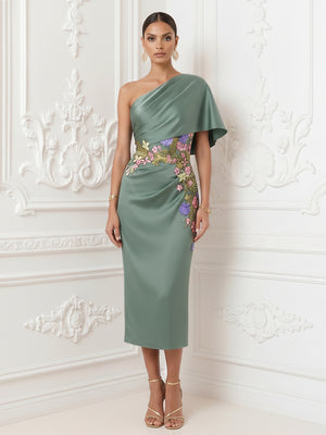 Satin Mermaid One Shoulder Floral Embroidery Ruffles Formal Dresses