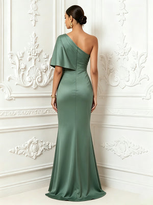 Satin Mermaid One Shoulder Ruched Floral Embroidery Formal Dresses for Women