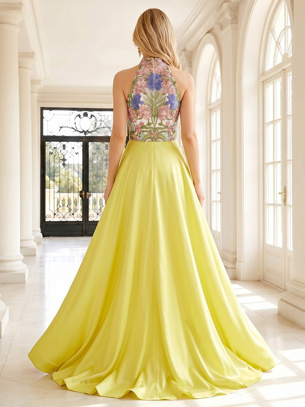 Satin A Line High Neck Ruffles Floral Embroidery Formal Dresses