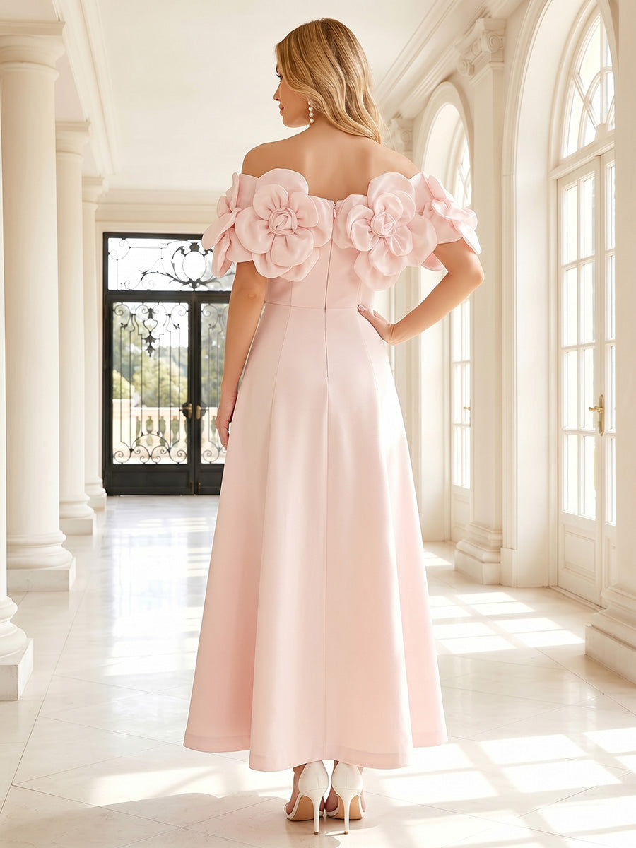 Satin A Line Off the Shoulder 3D Flowers Ruffles Formal Dresses