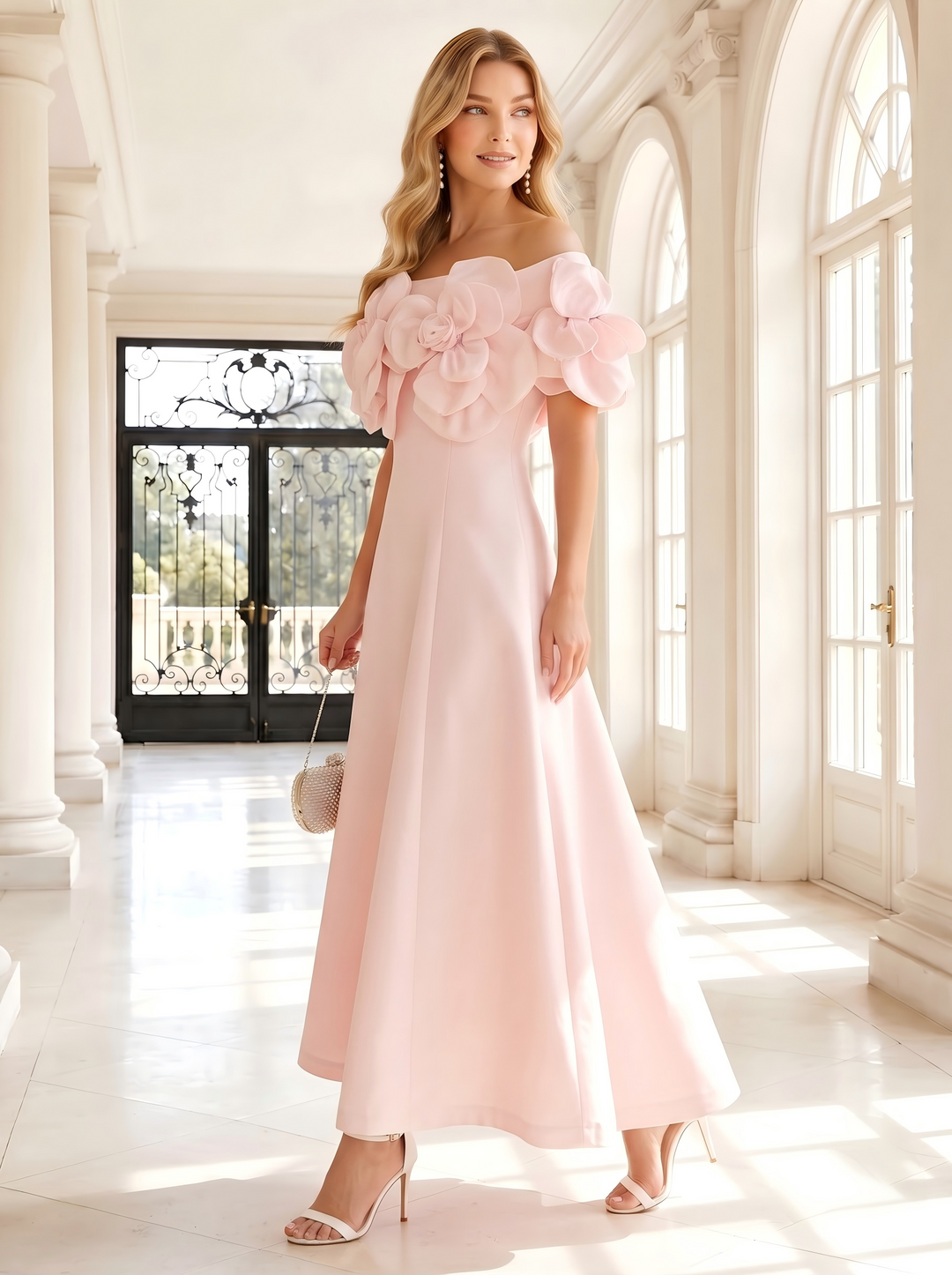 Satin A Line Off the Shoulder 3D Flowers Ruffles Formal Dresses