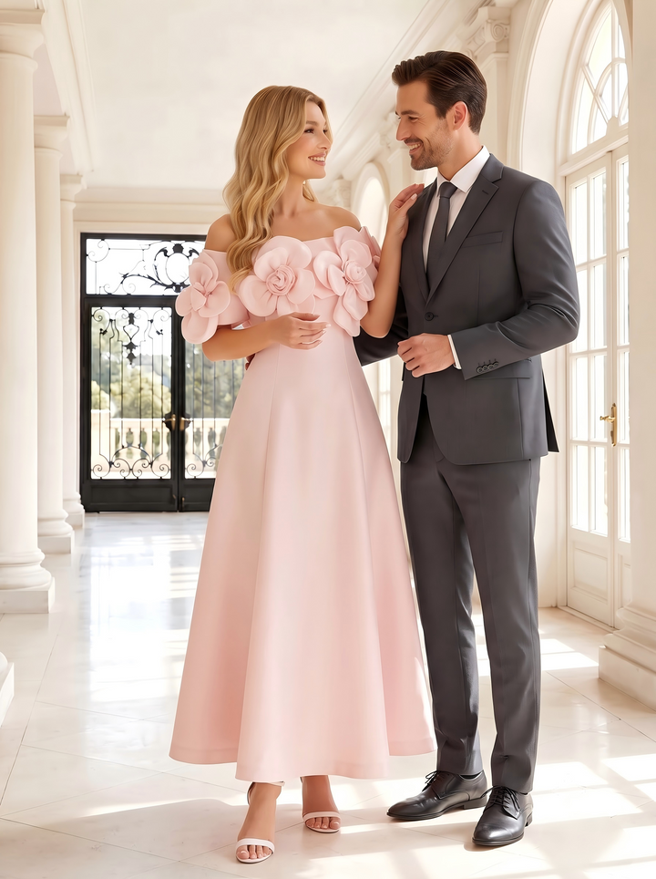 Satin A Line Off the Shoulder 3D Flowers Ruffles Formal Dresses
