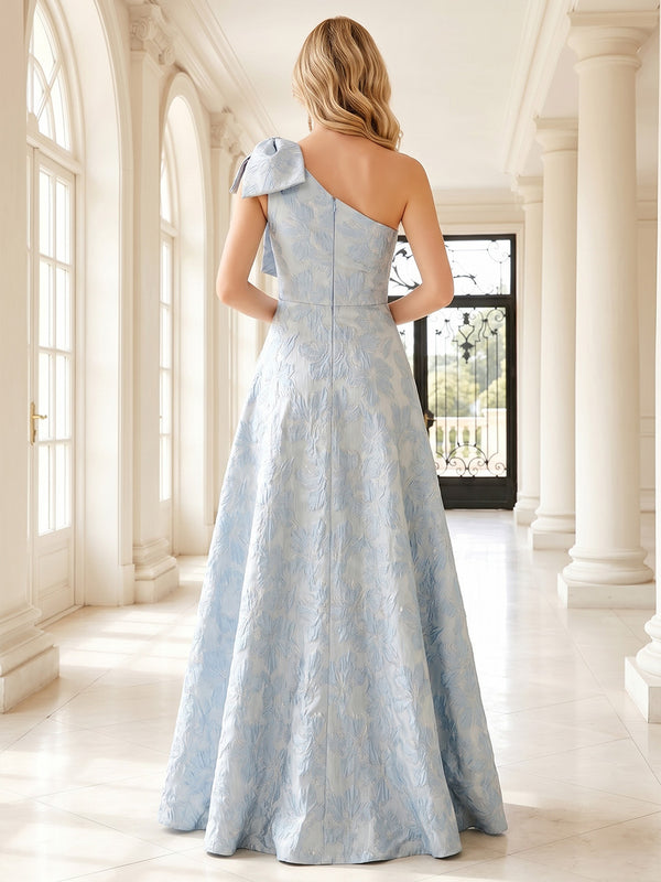 Jacquard A Line One Shoulder Corset Ruched Formal Dresses with Bow
