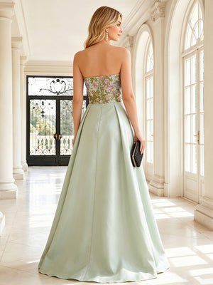 Satin A Line Strapless Floral Embroidery Ruched Formal Dresses with 3D Flowers