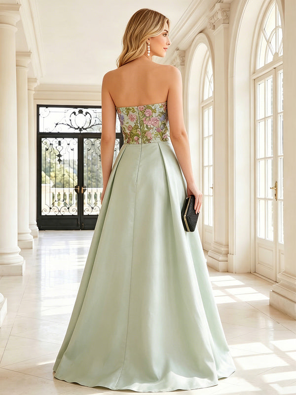 Satin A Line Strapless Floral Embroidery Ruched Formal Dresses with 3D Flowers