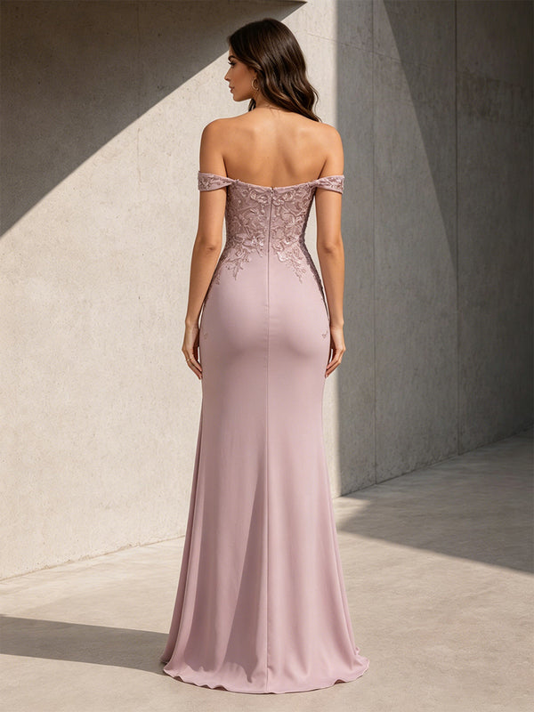 Satin Mermaid Off the Shoulder Slit Lace Appliques Formal Dresses for Women