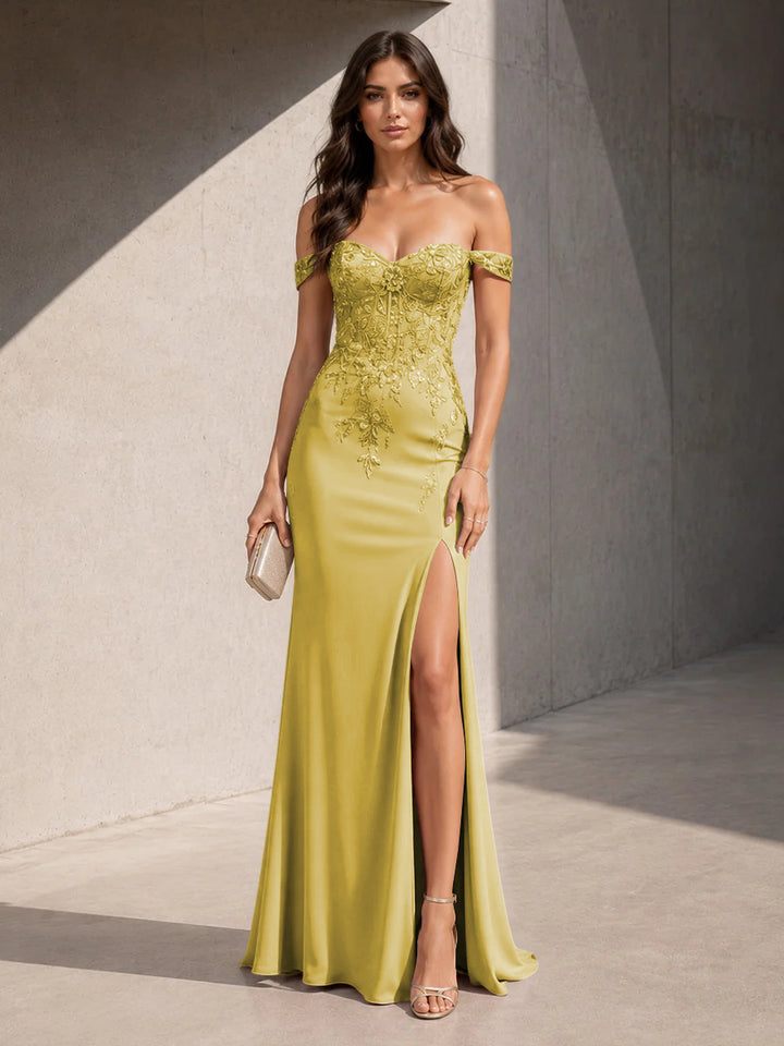 Satin Mermaid Off the Shoulder Slit Lace Appliques Formal Dresses for Women