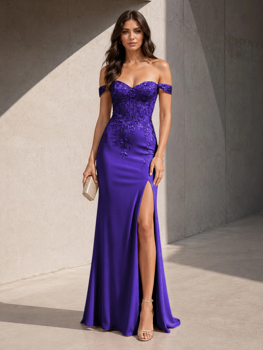 Satin Mermaid Off the Shoulder Slit Lace Appliques Formal Dresses for Women