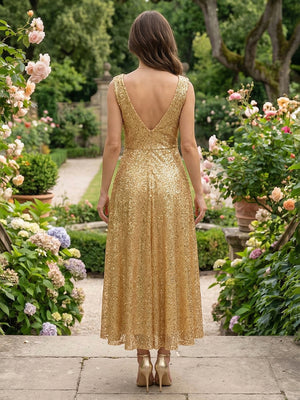 Sequin Mermaid V Neck Pleats Ruched Formal Dresses