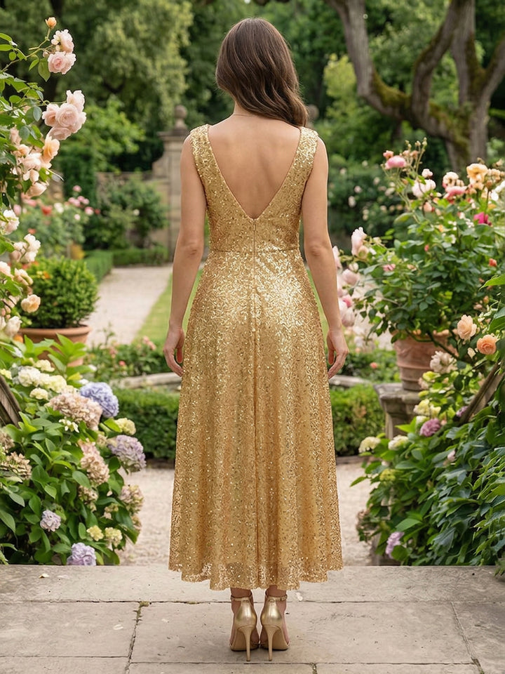 Sequin Mermaid V Neck Pleats Ruched Formal Dresses