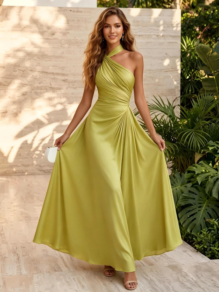 Satin A Line Halter Pleats Formal Dresses