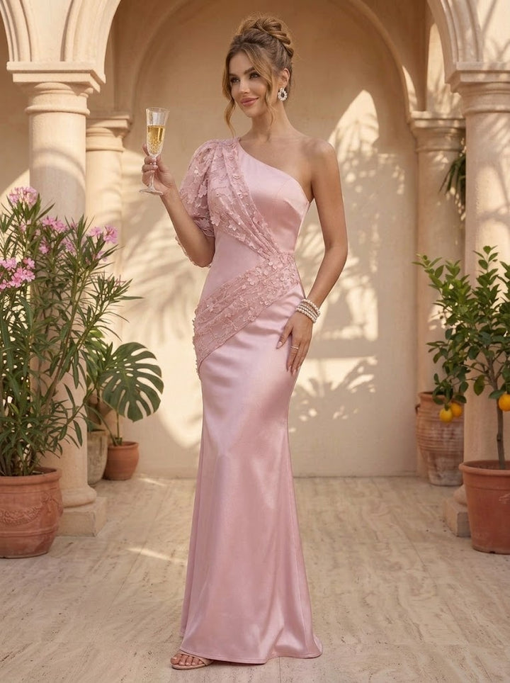Satin Mermaid One Shoulder Floral Formal Dresses