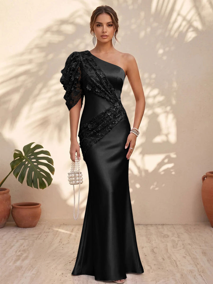 Satin Mermaid One Shoulder Floral Formal Dresses