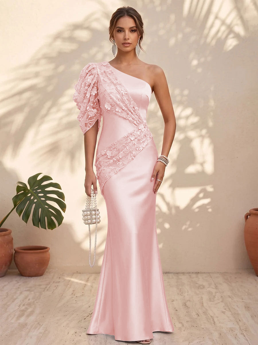 Satin Mermaid One Shoulder Floral Formal Dresses