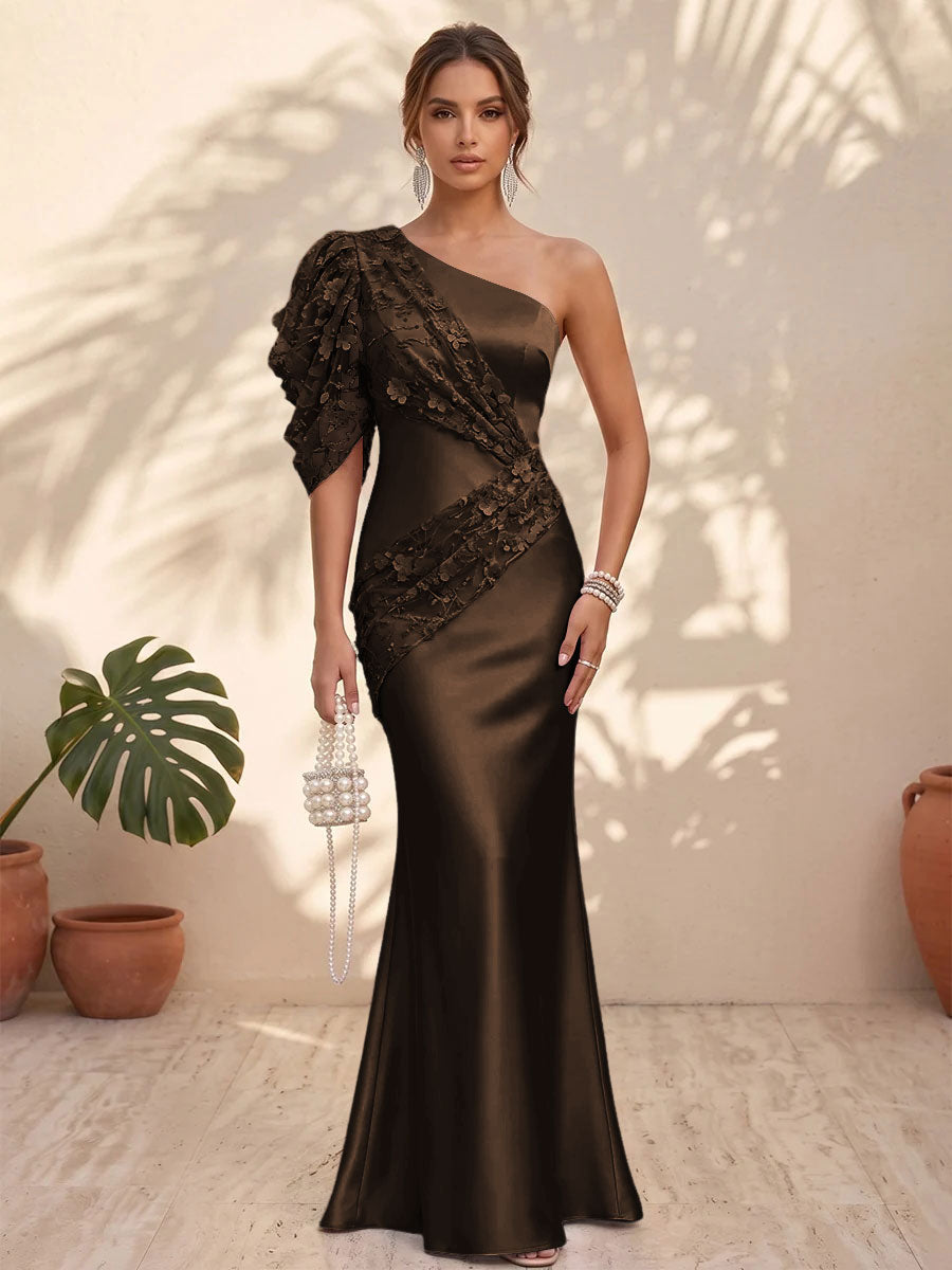 Satin Mermaid One Shoulder Floral Formal Dresses
