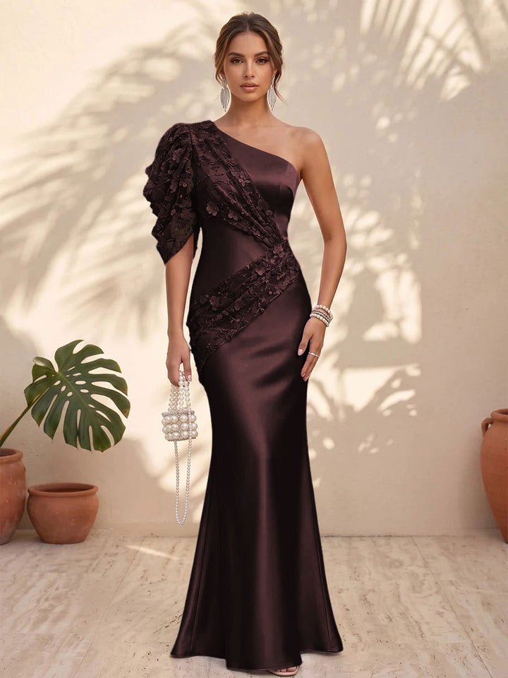 Satin Mermaid One Shoulder Floral Formal Dresses
