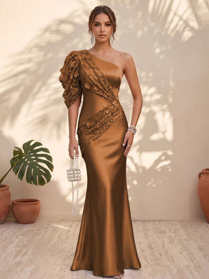 Satin Mermaid One Shoulder Floral Formal Dresses