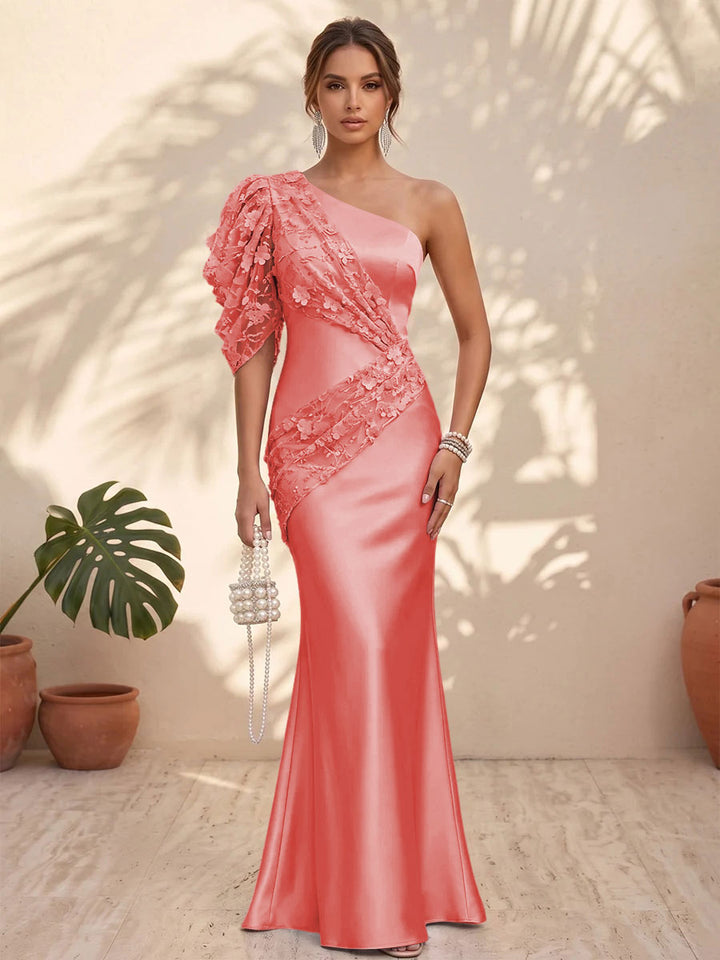 Satin Mermaid One Shoulder Floral Formal Dresses
