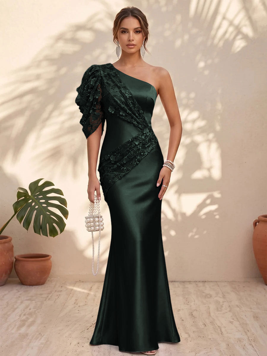 Satin Mermaid One Shoulder Floral Formal Dresses