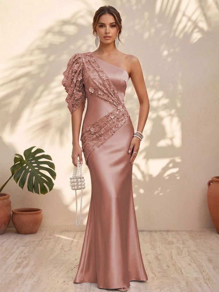 Satin Mermaid One Shoulder Floral Formal Dresses