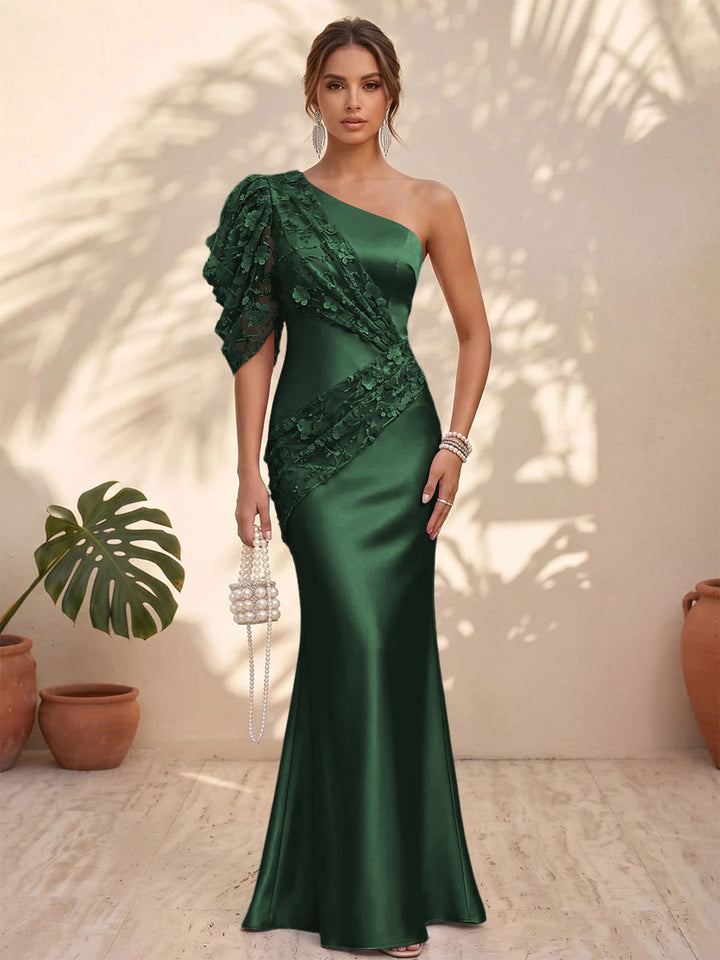 Satin Mermaid One Shoulder Floral Formal Dresses