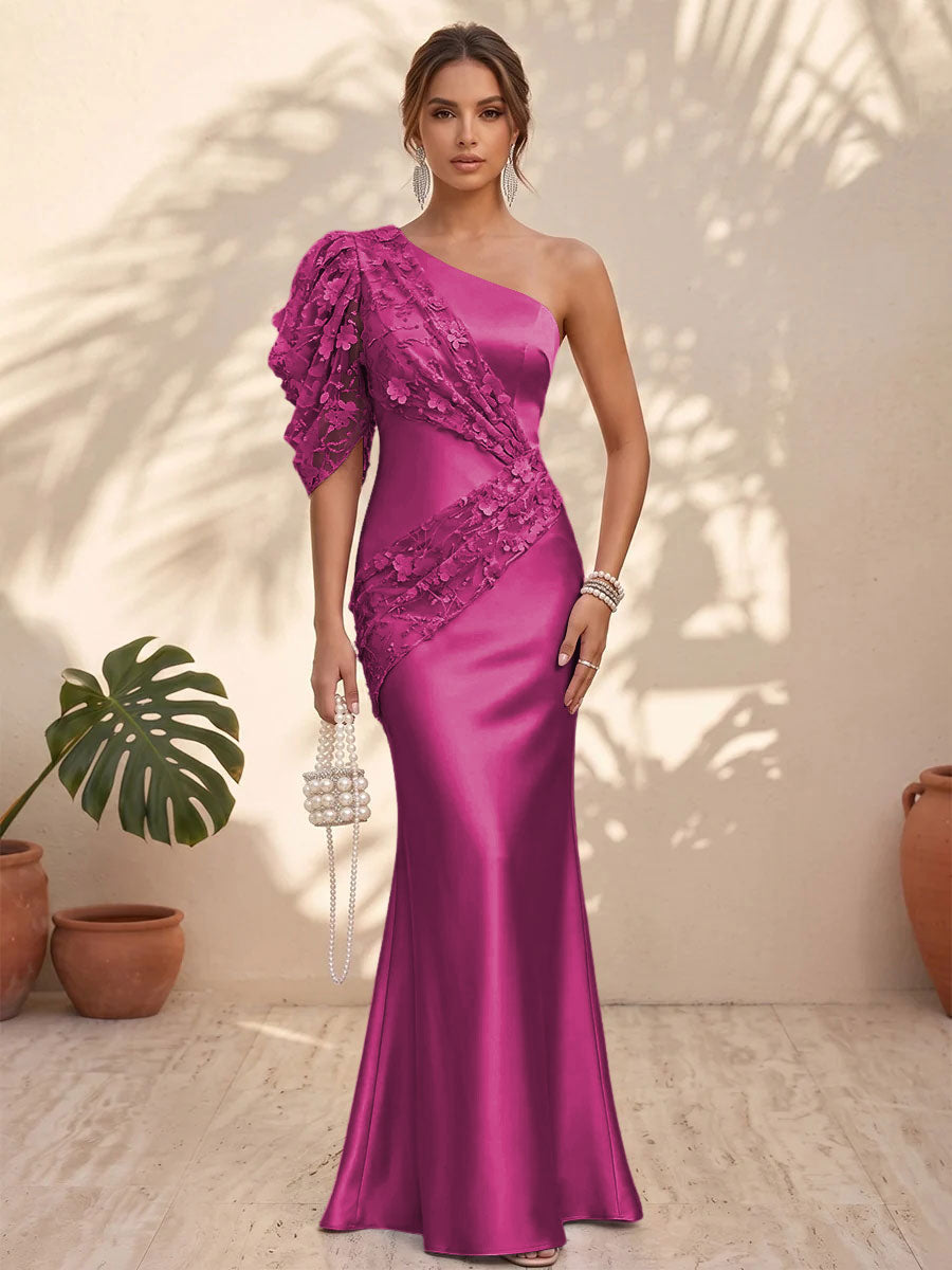 Satin Mermaid One Shoulder Floral Formal Dresses
