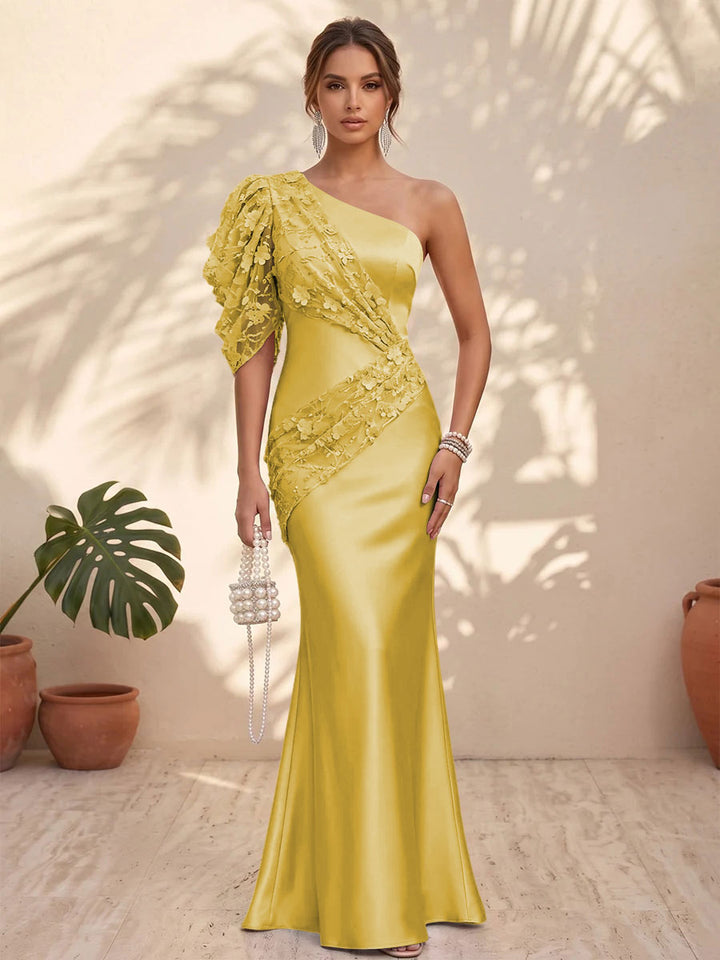 Satin Mermaid One Shoulder Floral Formal Dresses
