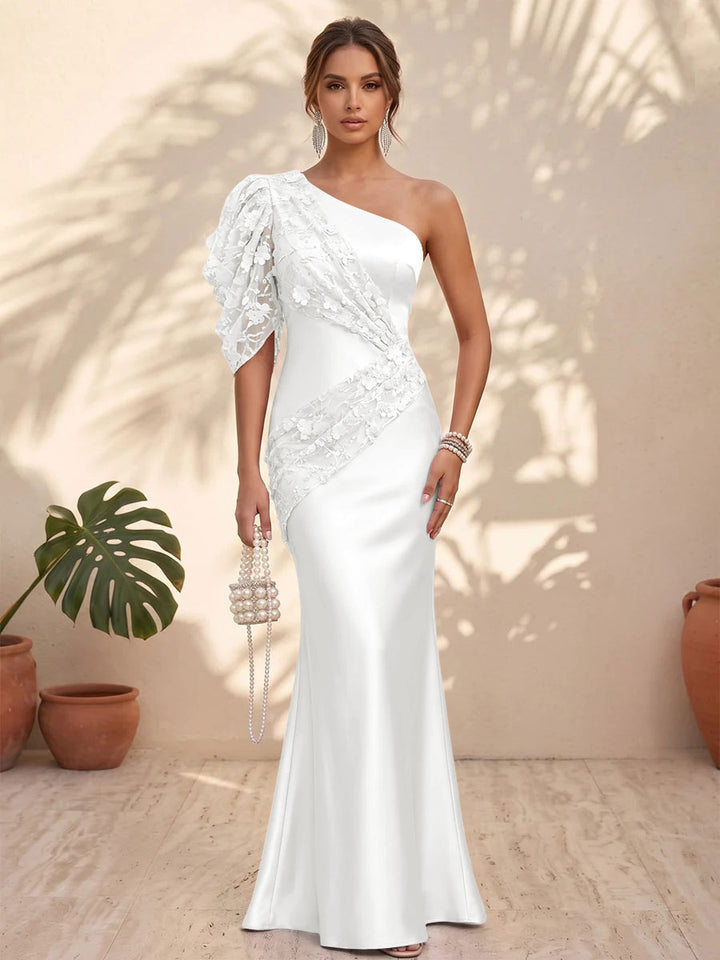 Satin Mermaid One Shoulder Floral Formal Dresses