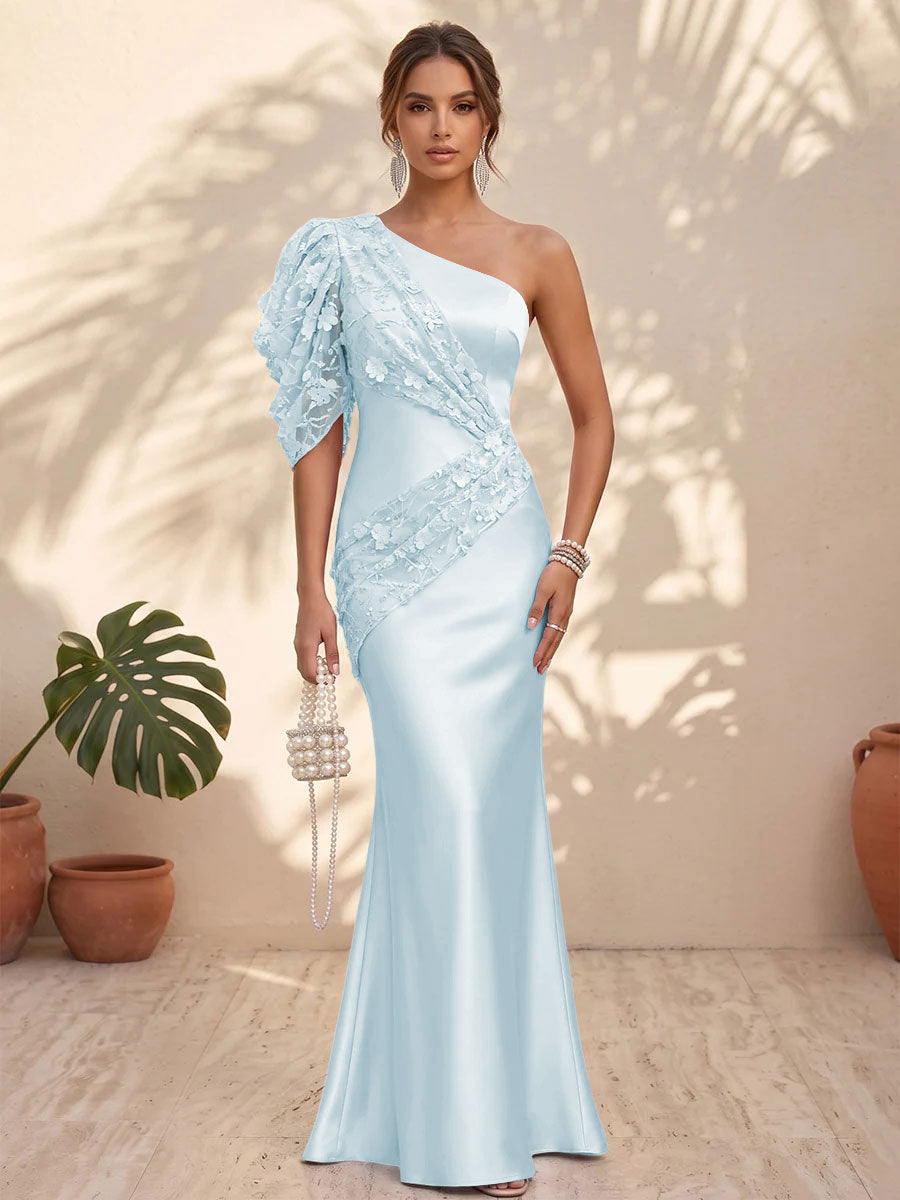 Satin Mermaid One Shoulder Floral Formal Dresses