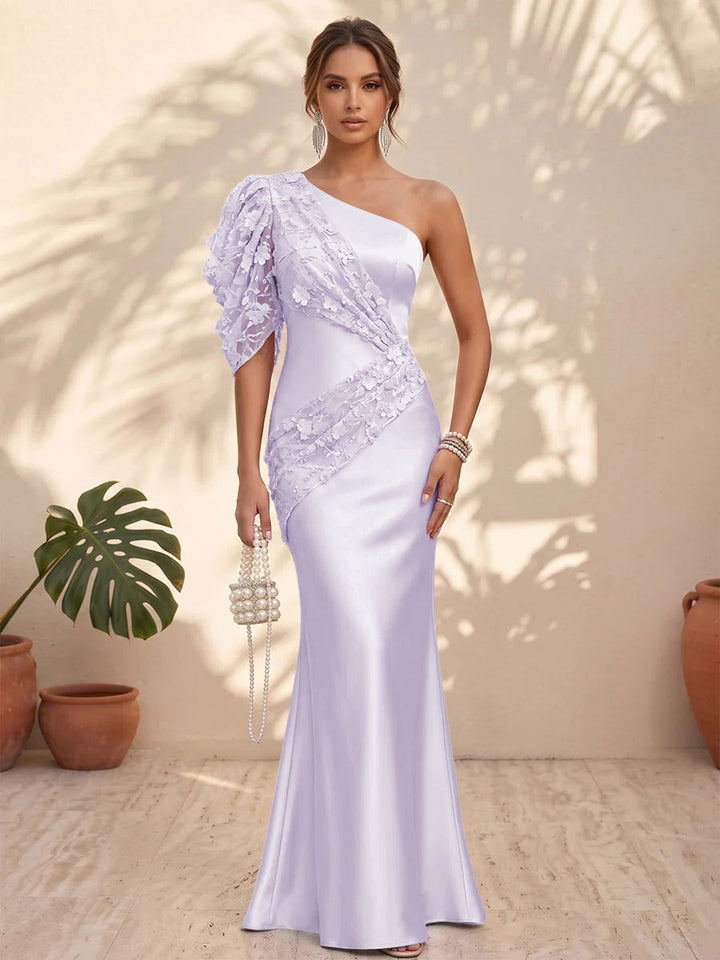 Satin Mermaid One Shoulder Floral Formal Dresses