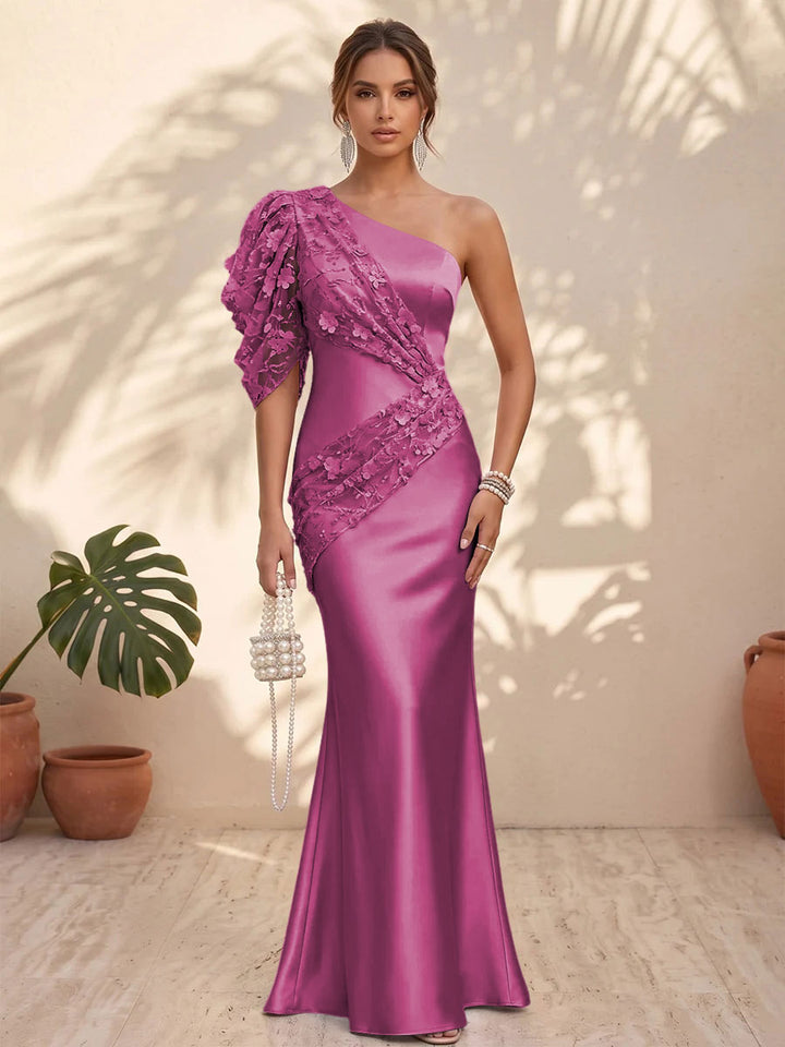 Satin Mermaid One Shoulder Floral Formal Dresses
