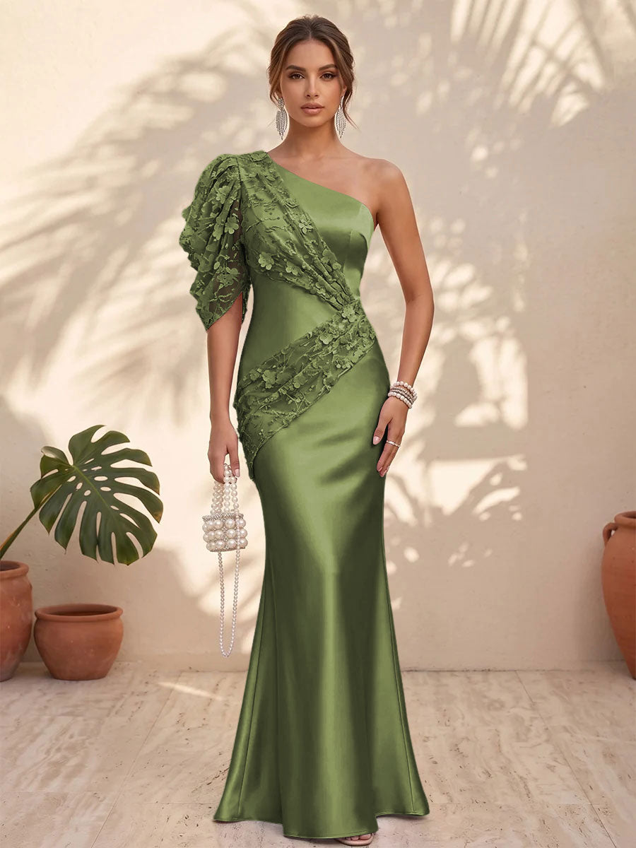 Satin Mermaid One Shoulder Floral Formal Dresses