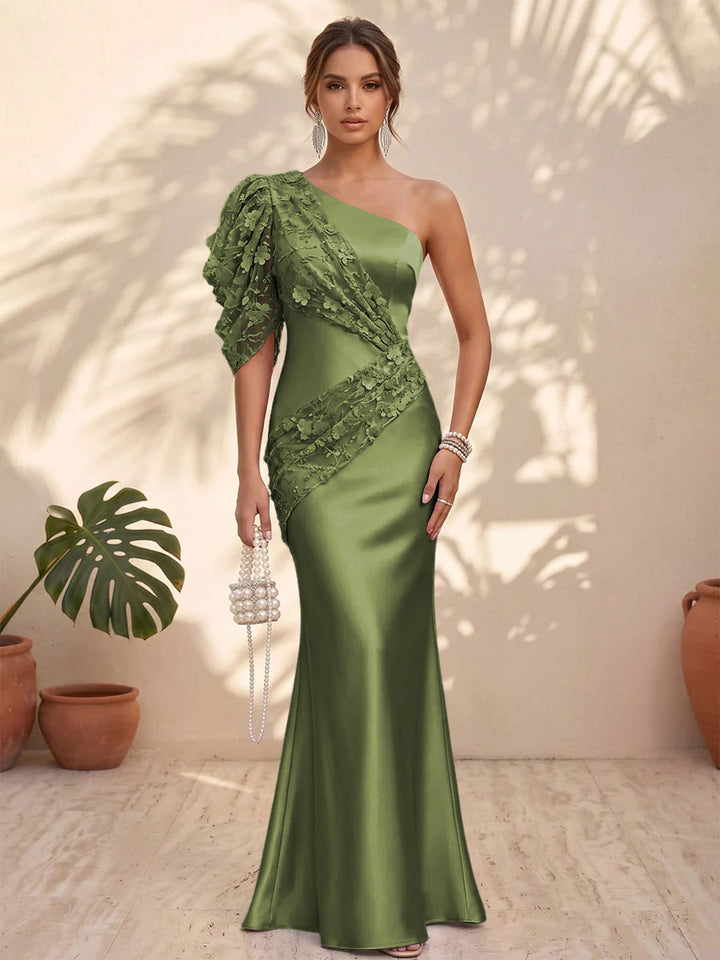 Satin Mermaid One Shoulder Floral Formal Dresses