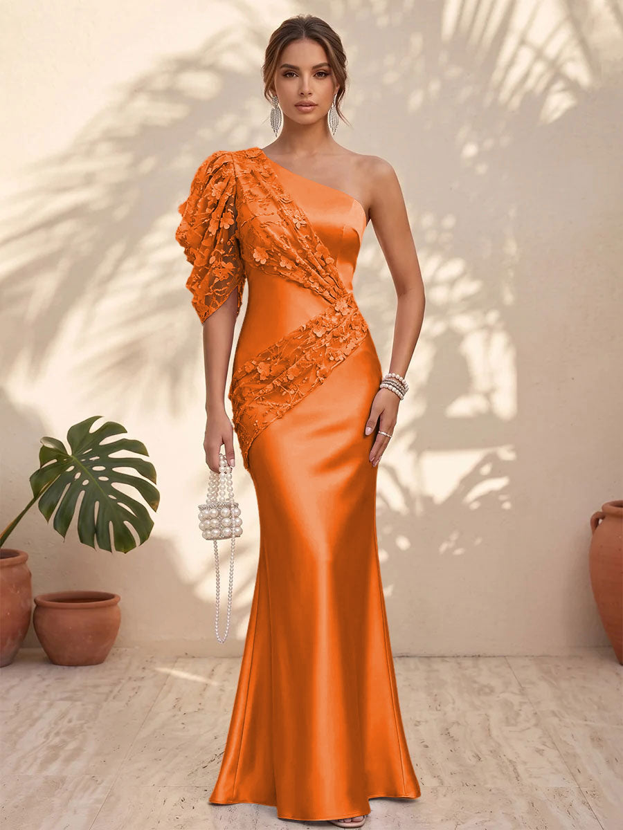 Satin Mermaid One Shoulder Floral Formal Dresses