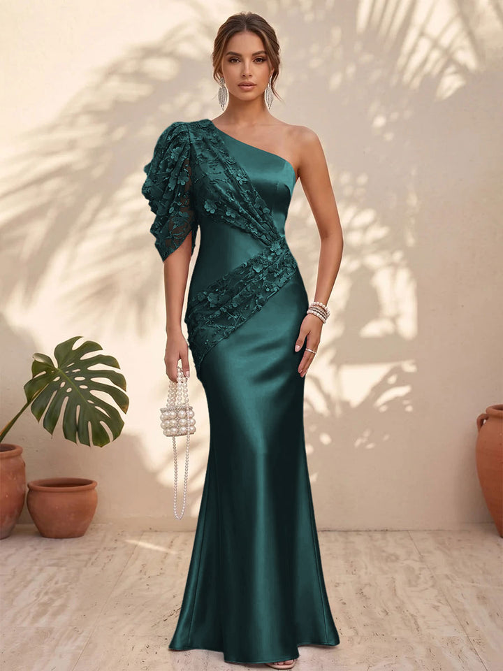 Satin Mermaid One Shoulder Floral Formal Dresses