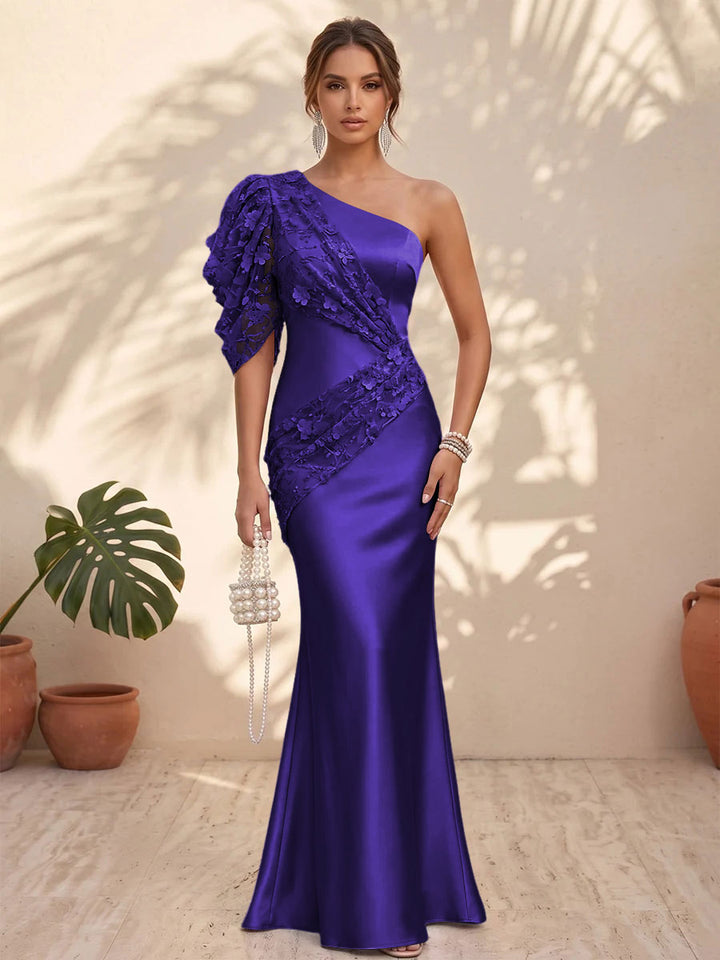 Satin Mermaid One Shoulder Floral Formal Dresses