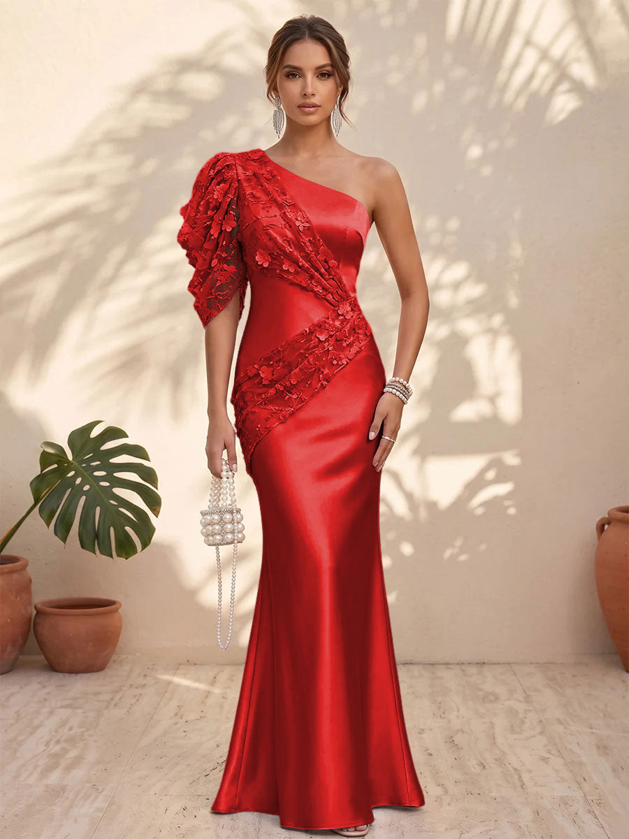 Satin Mermaid One Shoulder Floral Formal Dresses