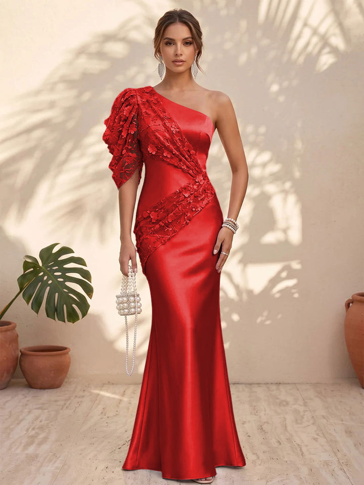 Satin Mermaid One Shoulder Floral Formal Dresses