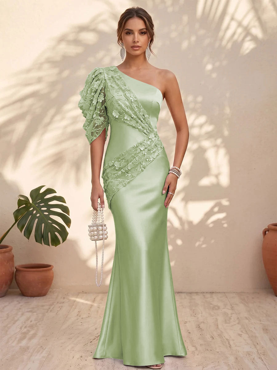 Satin Mermaid One Shoulder Floral Formal Dresses