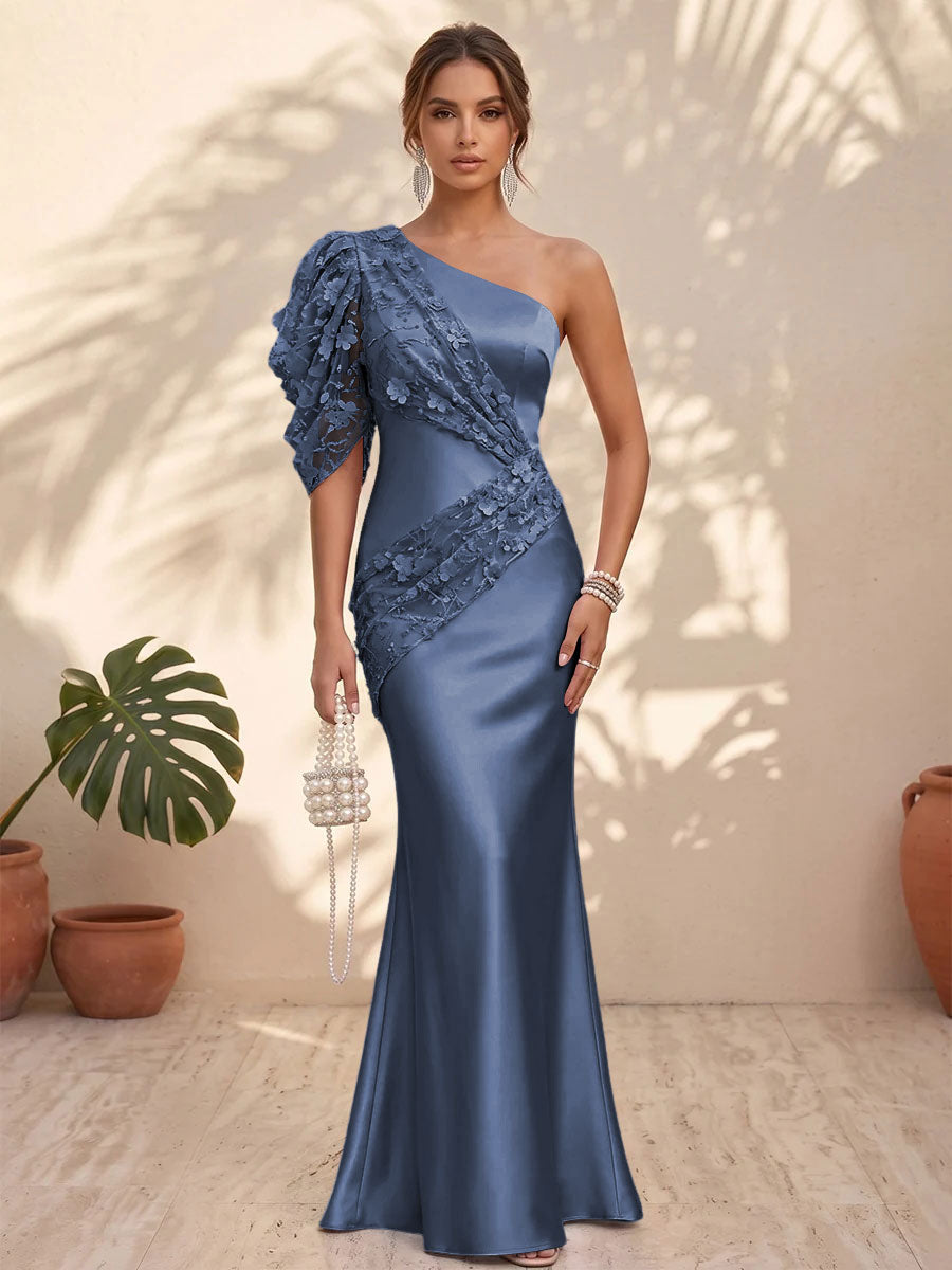 Satin Mermaid One Shoulder Floral Formal Dresses