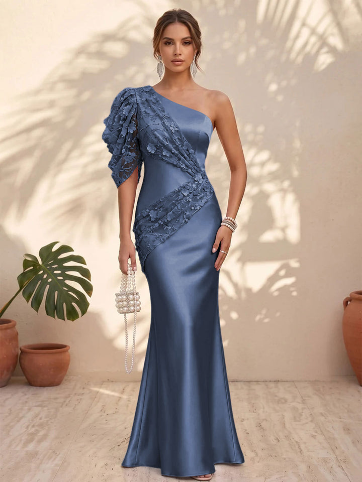 Satin Mermaid One Shoulder Floral Formal Dresses