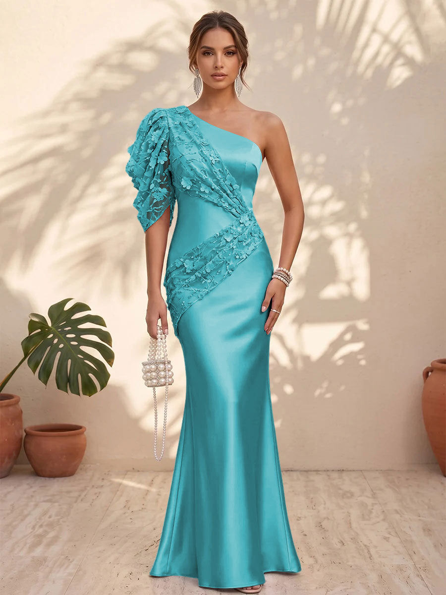 Satin Mermaid One Shoulder Floral Formal Dresses