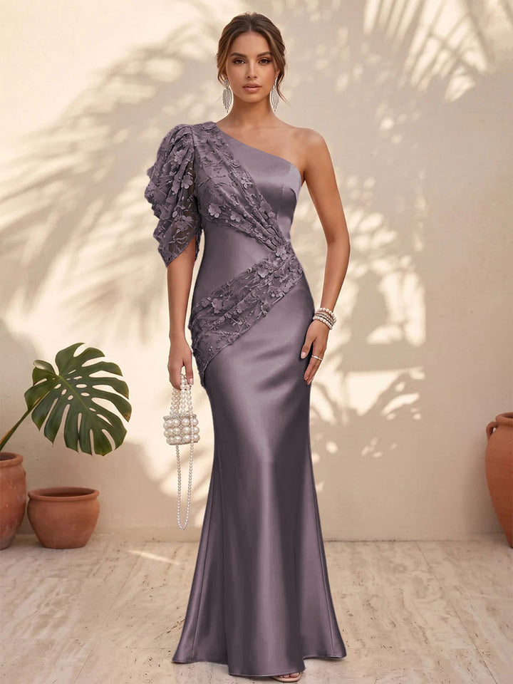 Satin Mermaid One Shoulder Floral Formal Dresses
