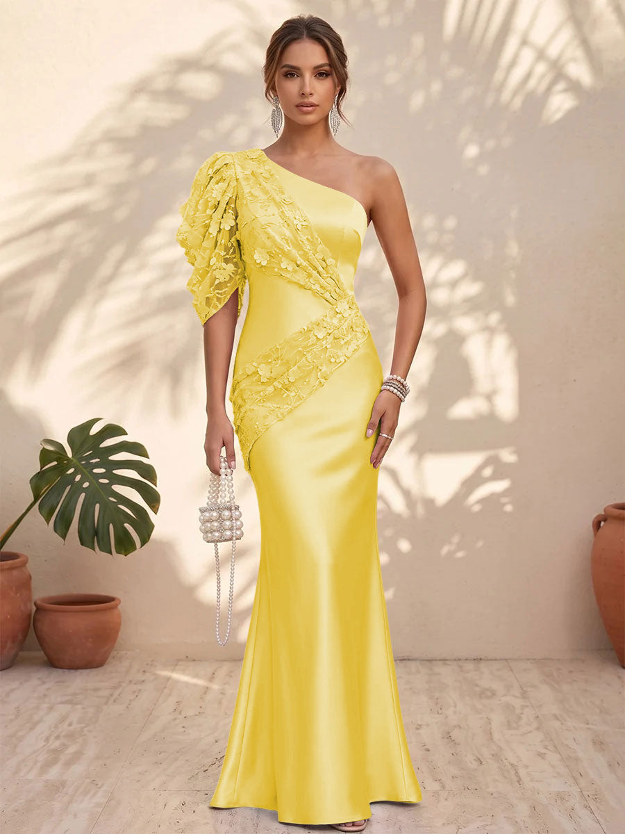 Satin Mermaid One Shoulder Floral Formal Dresses