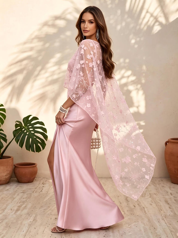 Satin A Line Spaghetti Straps Cape Applique Formal Dresses